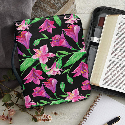 Purple Alstroemeria Pattern Print Leather Bible Cover