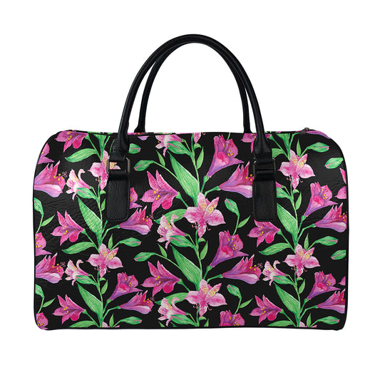 Purple Alstroemeria Pattern Print Leather Duffle Bag