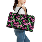 Purple Alstroemeria Pattern Print Leather Duffle Bag