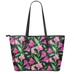 Purple Alstroemeria Pattern Print Leather Tote Bag