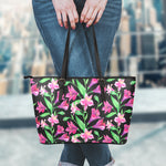 Purple Alstroemeria Pattern Print Leather Tote Bag