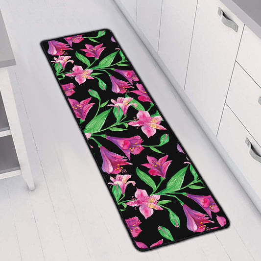 Purple Alstroemeria Pattern Print Long Kitchen Mat