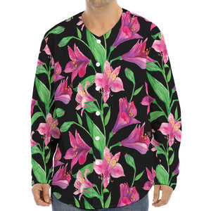 Purple Alstroemeria Pattern Print Long Sleeve Baseball Jersey