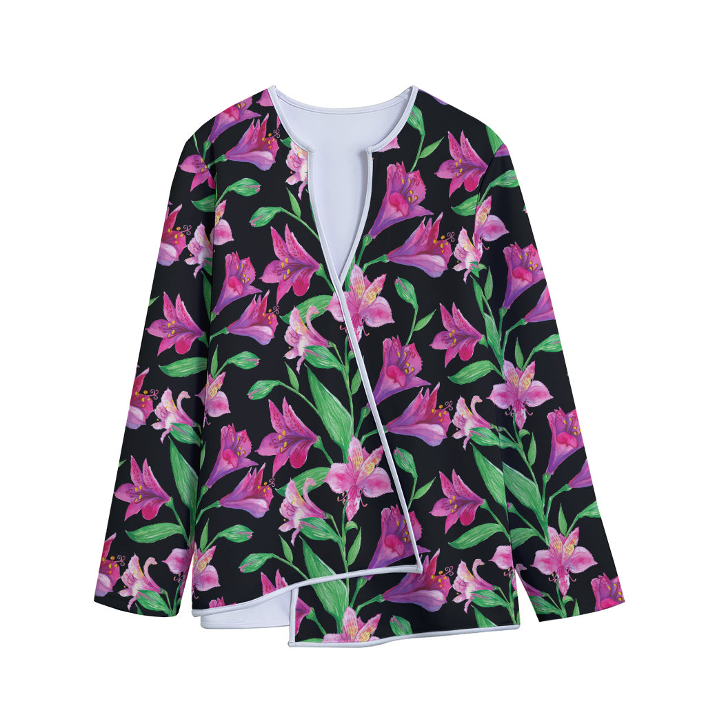 Purple Alstroemeria Pattern Print Long Sleeve Short Coat