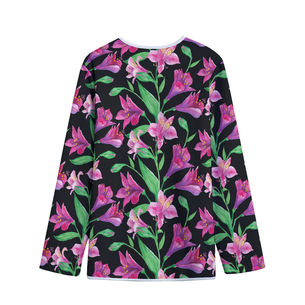 Purple Alstroemeria Pattern Print Long Sleeve Short Coat