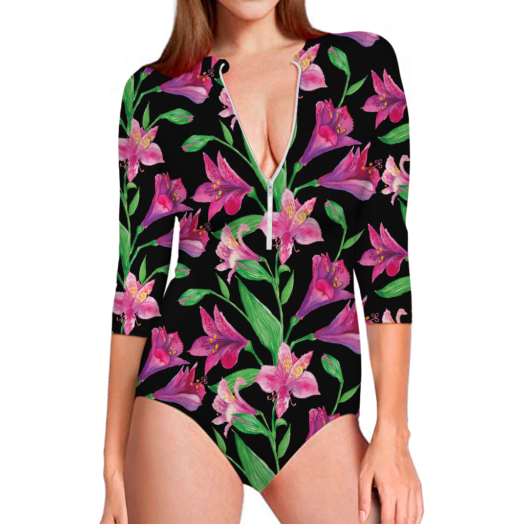 Purple Alstroemeria Pattern Print Long Sleeve Swimsuit