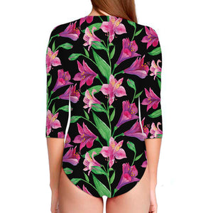 Purple Alstroemeria Pattern Print Long Sleeve Swimsuit