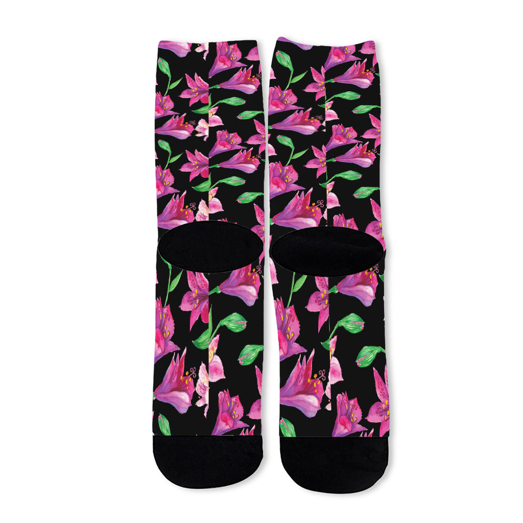 Purple Alstroemeria Pattern Print Long Socks