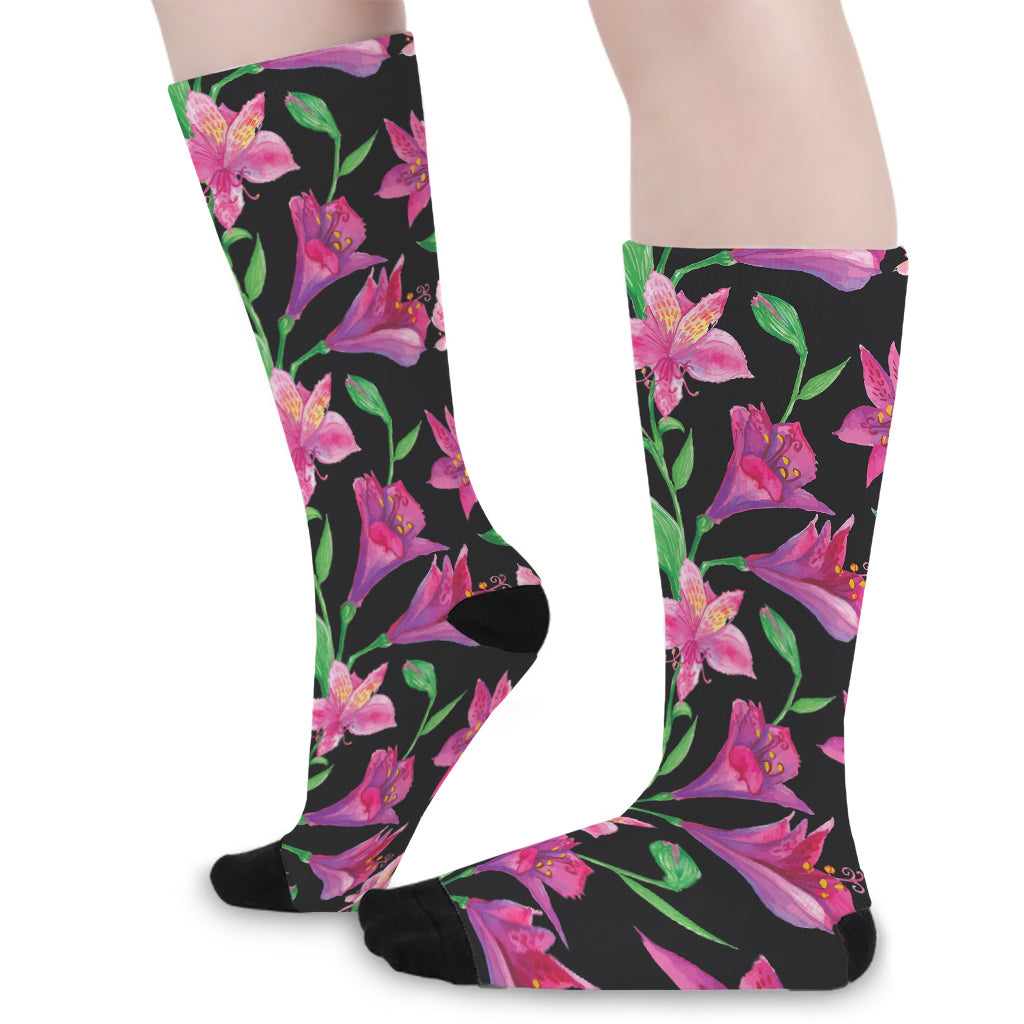 Purple Alstroemeria Pattern Print Long Socks