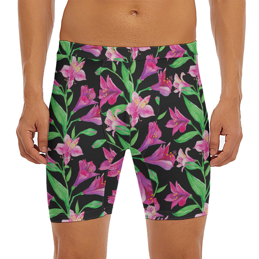 Purple Alstroemeria Pattern Print Men's Long Boxer Briefs