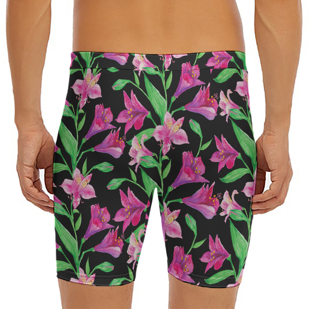 Purple Alstroemeria Pattern Print Men's Long Boxer Briefs