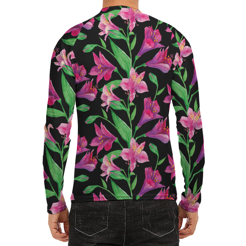 Purple Alstroemeria Pattern Print Men's Long Sleeve Rash Guard