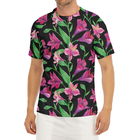 Purple Alstroemeria Pattern Print Men's Short Sleeve Rash Guard