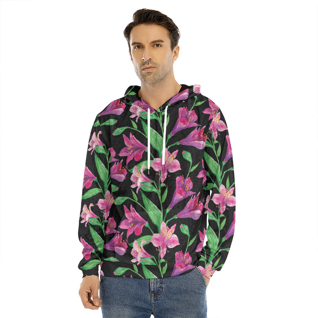 Purple Alstroemeria Pattern Print Men's Velvet Pullover Hoodie