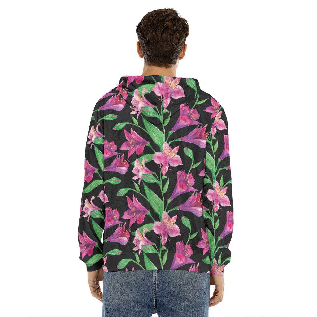 Purple Alstroemeria Pattern Print Men's Velvet Pullover Hoodie