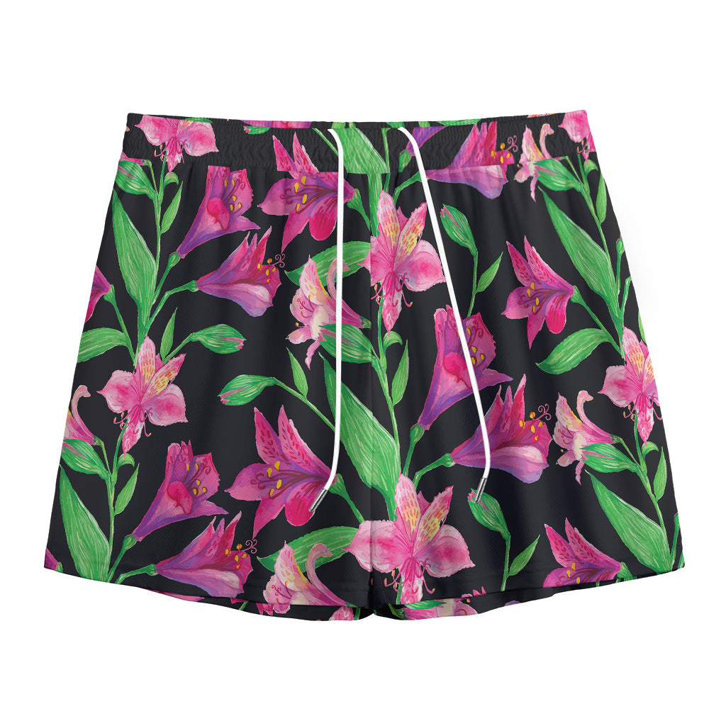 Purple Alstroemeria Pattern Print Mesh Shorts