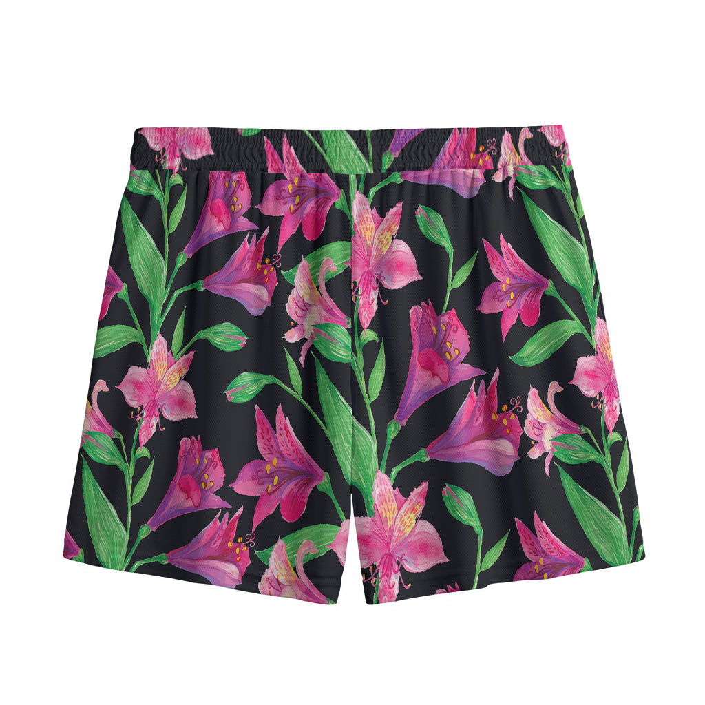 Purple Alstroemeria Pattern Print Mesh Shorts