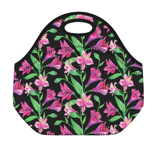 Purple Alstroemeria Pattern Print Neoprene Lunch Bag