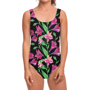 Purple Alstroemeria Pattern Print One Piece Swimsuit