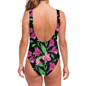 Purple Alstroemeria Pattern Print One Piece Swimsuit