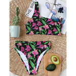 Purple Alstroemeria Pattern Print One Shoulder Bikini Top