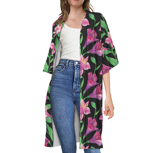 Purple Alstroemeria Pattern Print Open Front Beach Cover Up