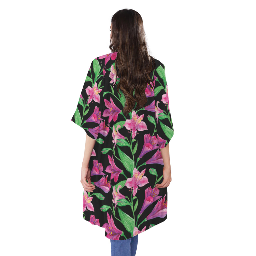 Purple Alstroemeria Pattern Print Open Front Beach Cover Up