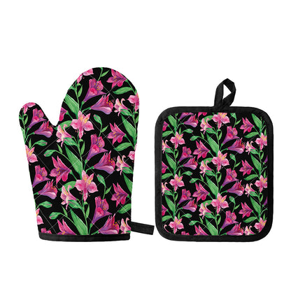 Purple Alstroemeria Pattern Print Oven Mitt And Pot Holder Set