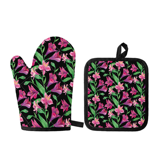 Purple Alstroemeria Pattern Print Oven Mitt And Pot Holder Set