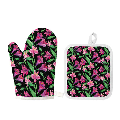 Purple Alstroemeria Pattern Print Oven Mitt And Pot Holder Set