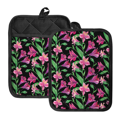 Purple Alstroemeria Pattern Print Pot Holders With Pocket