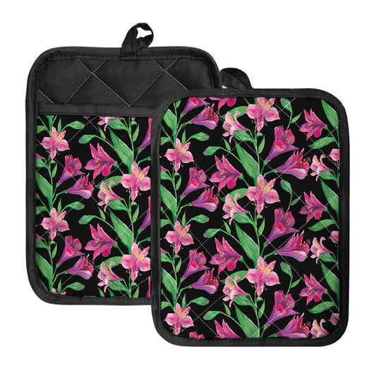 Purple Alstroemeria Pattern Print Pot Holders With Pocket