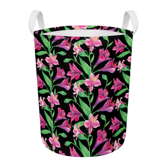 Purple Alstroemeria Pattern Print Round Laundry Basket