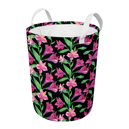 Purple Alstroemeria Pattern Print Round Laundry Basket
