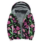 Purple Alstroemeria Pattern Print Sherpa Lined Zip Up Hoodie