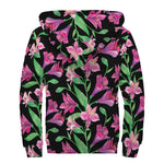 Purple Alstroemeria Pattern Print Sherpa Lined Zip Up Hoodie