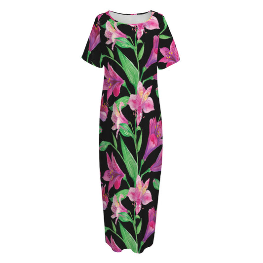 Purple Alstroemeria Pattern Print Short Sleeve Long Nightdress