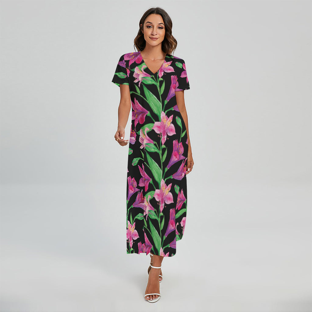 Purple Alstroemeria Pattern Print Short Sleeve Maxi Dress