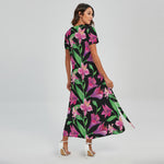 Purple Alstroemeria Pattern Print Short Sleeve Maxi Dress