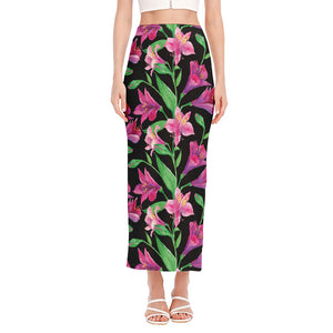 Purple Alstroemeria Pattern Print Side Slit Maxi Skirt