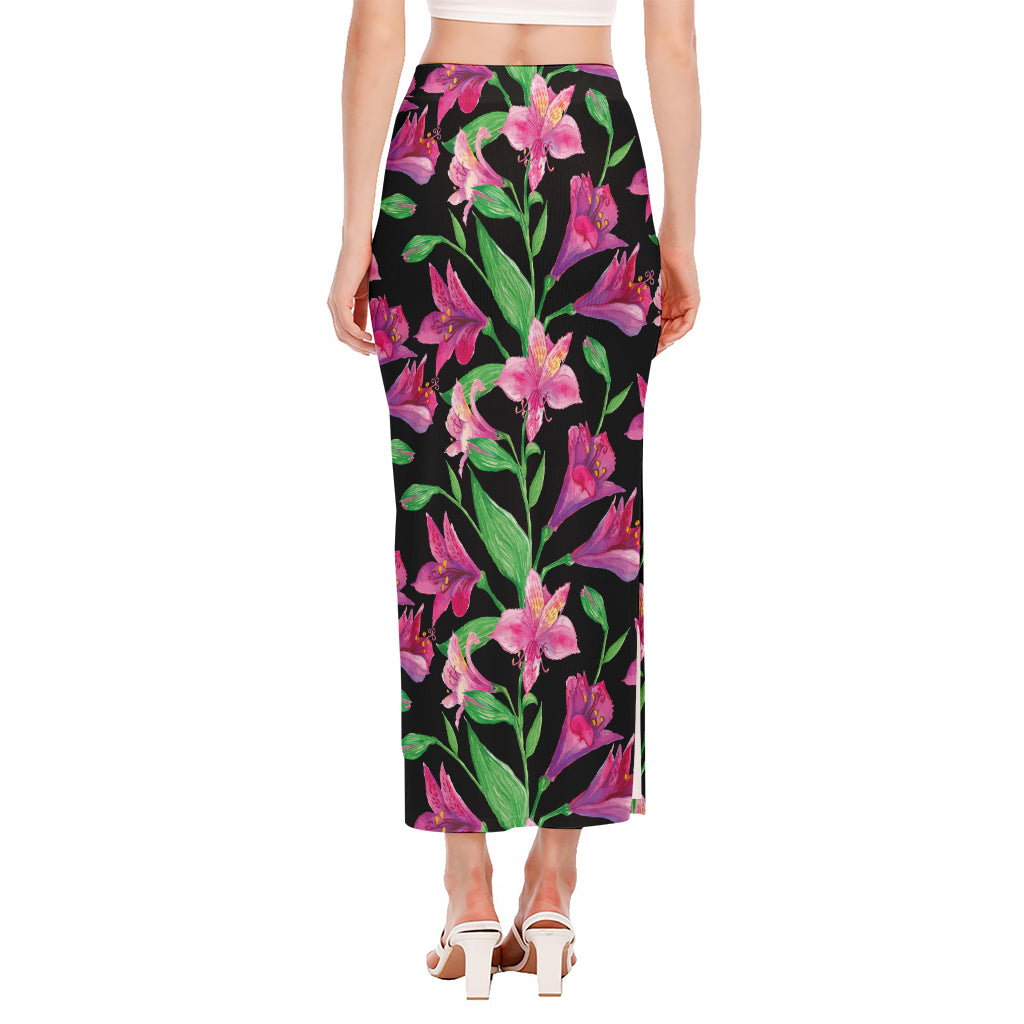 Purple Alstroemeria Pattern Print Side Slit Maxi Skirt