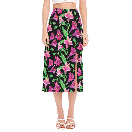 Purple Alstroemeria Pattern Print Side Slit Midi Skirt