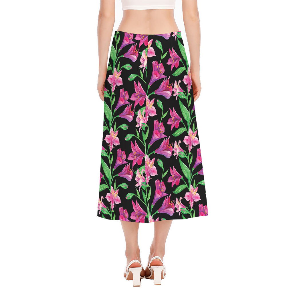 Purple Alstroemeria Pattern Print Side Slit Midi Skirt