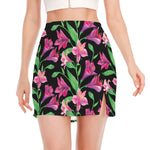 Purple Alstroemeria Pattern Print Side Slit Mini Skirt