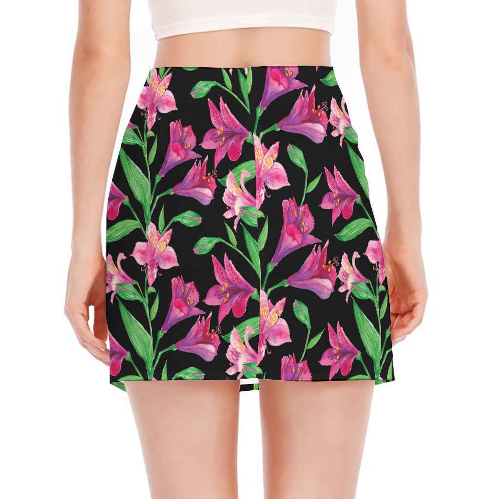 Purple Alstroemeria Pattern Print Side Slit Mini Skirt