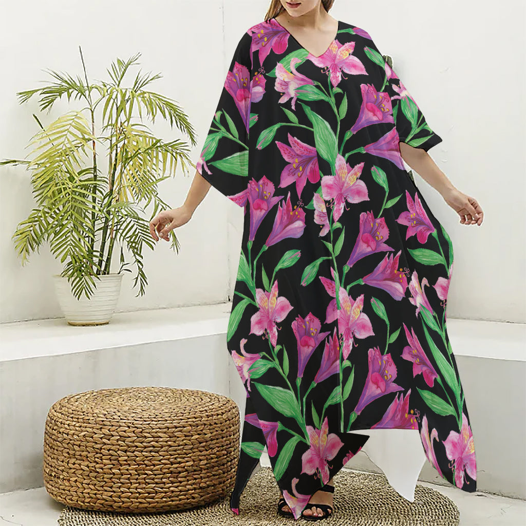 Purple Alstroemeria Pattern Print Silk V-Neck Kaftan Dress