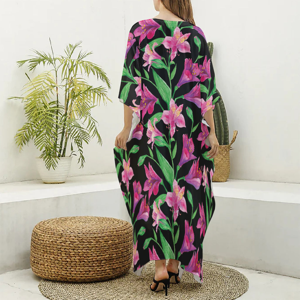 Purple Alstroemeria Pattern Print Silk V-Neck Kaftan Dress