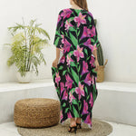 Purple Alstroemeria Pattern Print Silk V-Neck Kaftan Dress