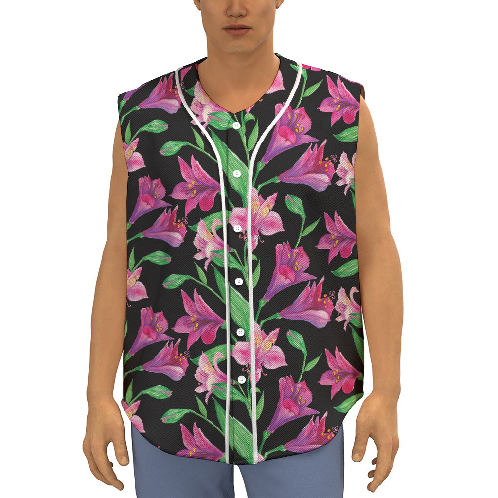 Purple Alstroemeria Pattern Print Sleeveless Baseball Jersey