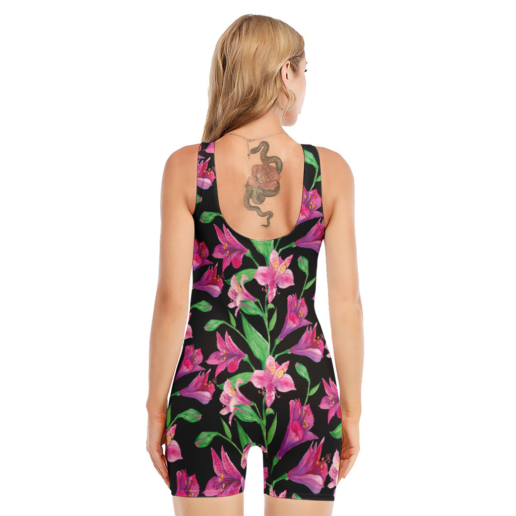 Purple Alstroemeria Pattern Print Sleeveless One Piece Swimsuit